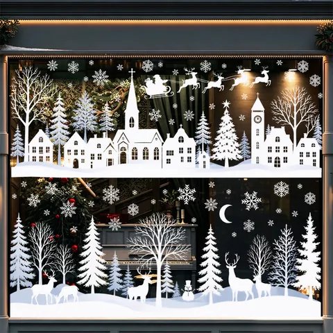 Christmas Window Stickers White Snowflake Pine Tree Static Cling PVC Decals For Glass Holiday Party Decor Winter Home Decor