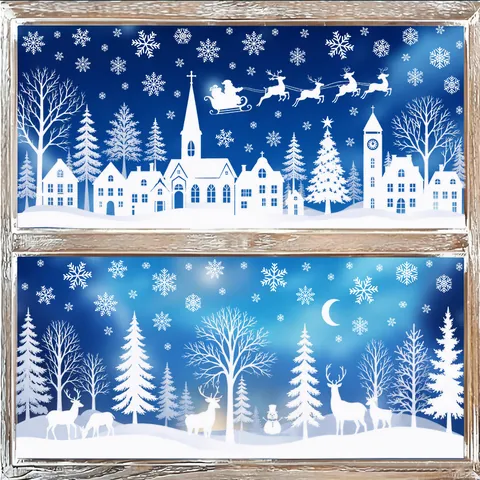 Christmas Window Stickers White Snowflake Pine Tree Static Cling PVC Decals For Glass Holiday Party Decor Winter Home Decor