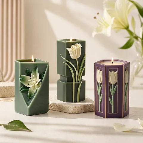 Geometric Flower Candle Silicone Mold DIY Handmade 3D Lily Tulip Relief Aromatherapy Crafting Tool