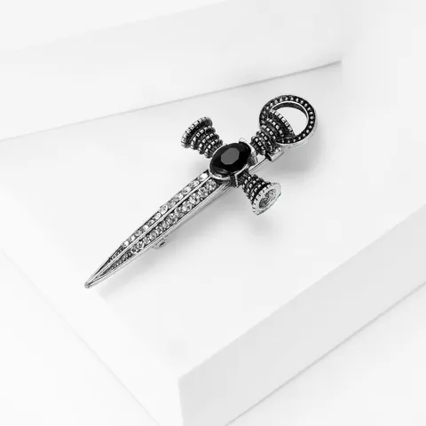 Broche Croix Épée Gothique Punk pour Hommes Femmes Alliage Strass Argent Vintage Chevalier Poignard Épingle de Revers Bijoux