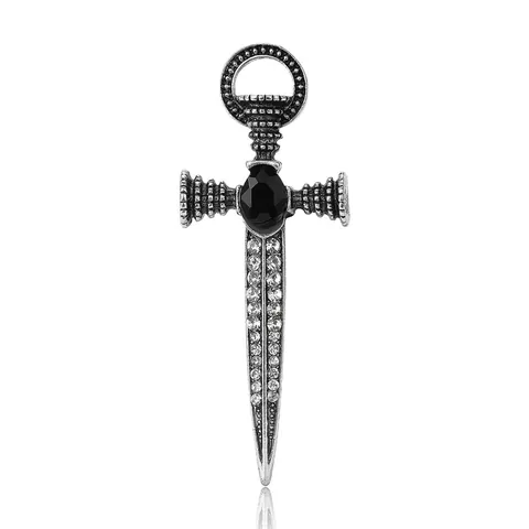 Broche Croix Épée Gothique Punk pour Hommes Femmes Alliage Strass Argent Vintage Chevalier Poignard Épingle de Revers Bijoux