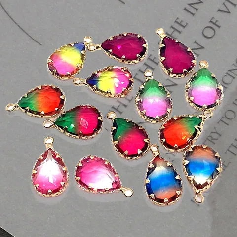Natural Crystal Teardrop Faceted Pendants Gradient Color Gold Alloy Edged Charms For DIY Jewelry Necklaces Accessories