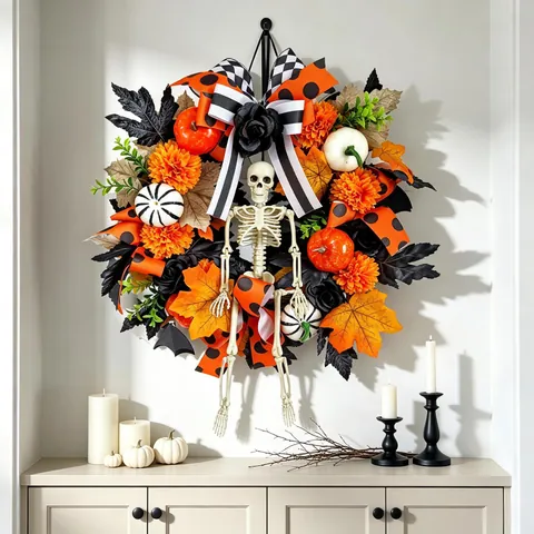 Halloween Wreath Decoration Skeleton Pumpkin Maple Leaf Black Rose Ribbon Bow Wreath For Front Door Wall Party Home Decor