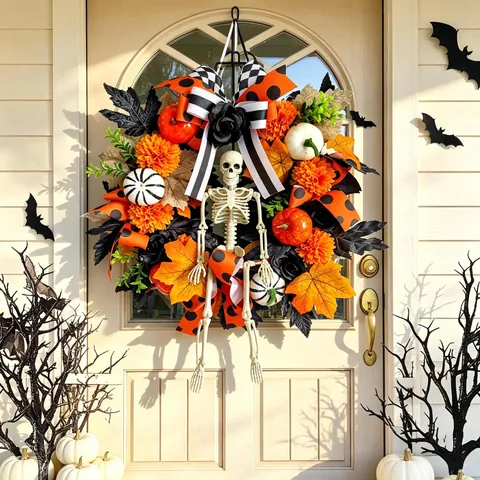 Halloween Wreath Decoration Skeleton Pumpkin Maple Leaf Black Rose Ribbon Bow Wreath For Front Door Wall Party Home Decor