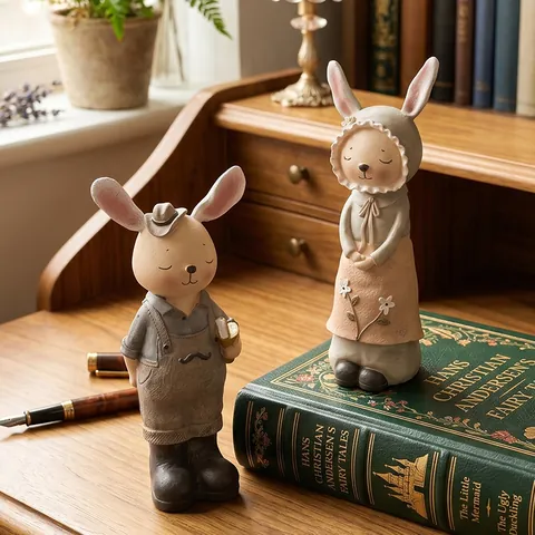 Figuritas De Conejo De Resina Hucha Decoración De Escritorio Retro Pastoral Pareja Adornos Animales Hogar Oficina