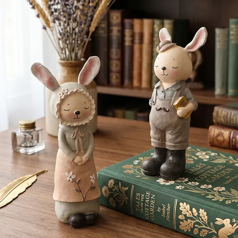 Figuritas De Conejo De Resina Hucha Decoración De Escritorio Retro Pastoral Pareja Adornos Animales Hogar Oficina