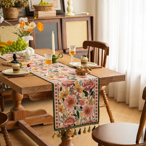 Modern Jacquard Floral Table Runner With Tassels Polyester Decorative Tablecloth For Dining Room Home Party Bed Runner