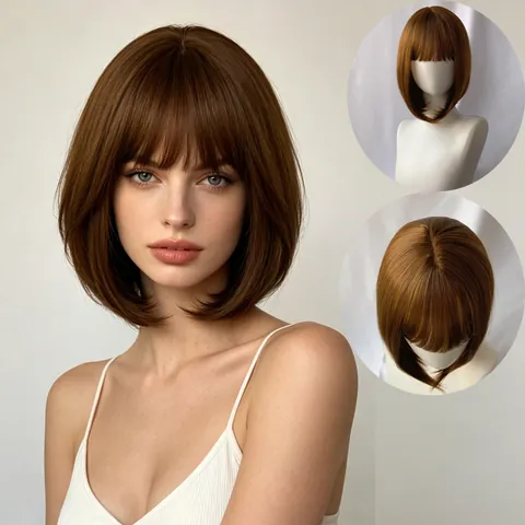 Women Fashion Short Straight Bob Wig With Bangs High Temperature Synthetic Fiber Heat Resistant Natural Hair Wig For Daily Use