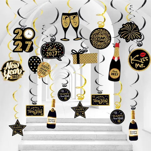Décorations de Spirales Suspendues Bonne Année Avec Nombre Étoile Verre Champagne Papier PVC Spirale Banderoles Articles de Fête École