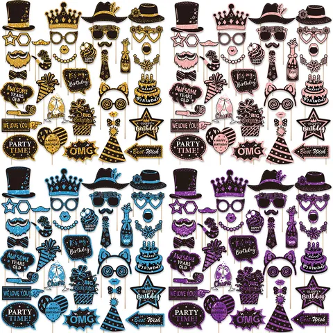 Birthday Photo Booth Props Set Glitter Cardboard Funny Masks For Celebration Party Decoration Photography Accessories Decor