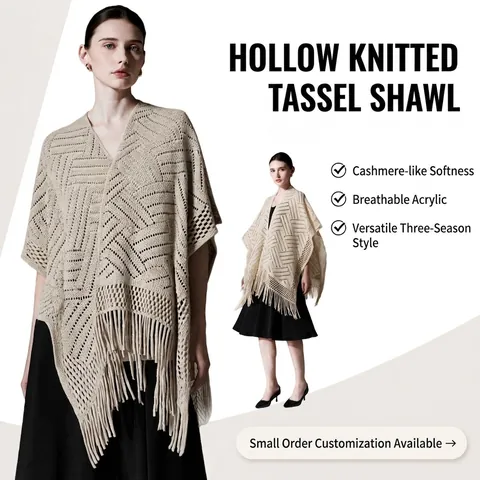 Women Hollow Out Knitted Tassel Poncho Shawl Acrylic Geometric Pattern Bohemian V Neck Loose Wrap Cape For Spring Autumn