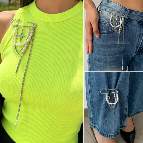 Broche de Borla de Perla Artificial de Aleación de Hierro de Moda para Mujer Alfiler de Seguridad Plateado Cadena Estrella Diamantes de Imitación