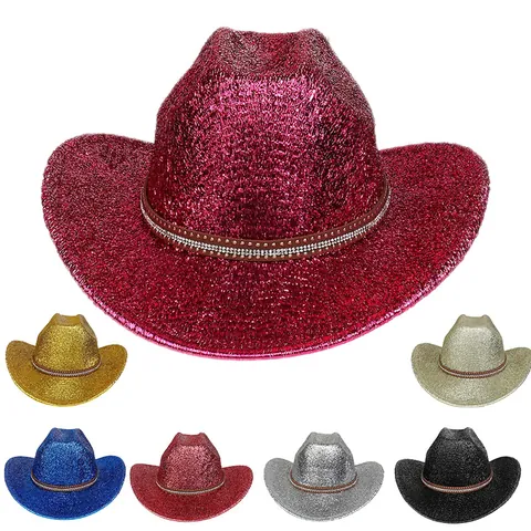 Cappello da Cowboy con Paillettes Scintillanti Cappello Western con Fascia di Strass Tesa Larga per Feste Spettacoli Donna Uomo