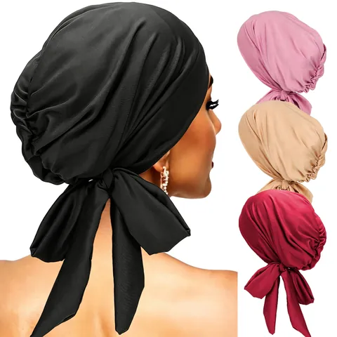 Women Satin Turban Headwrap Large Bow Adjustable Back Knot Pleated Chemo Cap Solid Color Fashion Headwear For Women