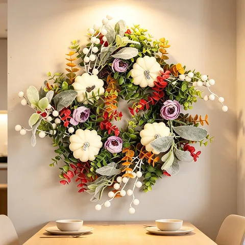 Couronne Artificielle Décoration Automne Citrouilles Blanches Fleurs Violettes Feuilles Eucalyptus Baies Base Vigne Naturelle Porte