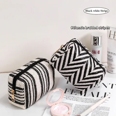 Woven PP Cotton Makeup Bag Black White Stripe Herringbone Pattern Portable Mini Cosmetic Organizer With Gold Metal Zipper