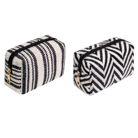 Woven PP Cotton Makeup Bag Black White Stripe Herringbone Pattern Portable Mini Cosmetic Organizer With Gold Metal Zipper