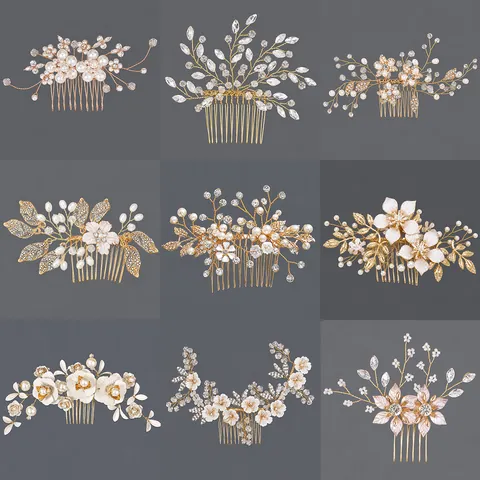 Handmade Bridal Hair Comb Elegant Imitation Artificial Pearl Rhinestone Leaf Floral Headpiece Gold Silver Wedding Hair Accessories Women