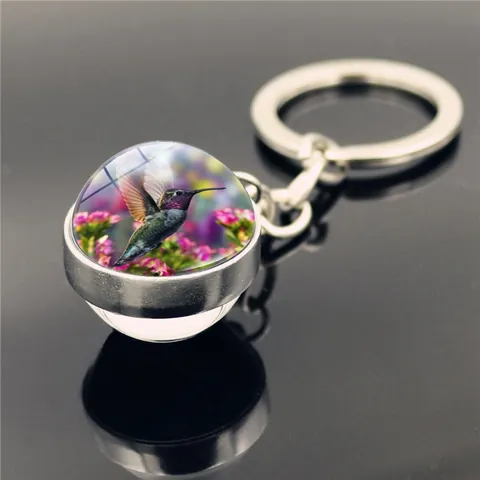 Llavero Artístico de Bola de Vidrio con Colibrí Aleación de Zinc Metal Plateado Anillo de Llave Colgante Floral Regalo