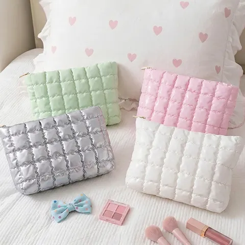 Quilted Puffer Cosmetic Bag PU Leather Bubble Pattern Makeup Organizer Travel Toiletries Storage Portable Zipper Pouch