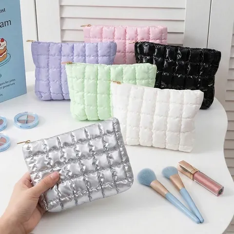 Quilted Puffer Cosmetic Bag PU Leather Bubble Pattern Makeup Organizer Travel Toiletries Storage Portable Zipper Pouch