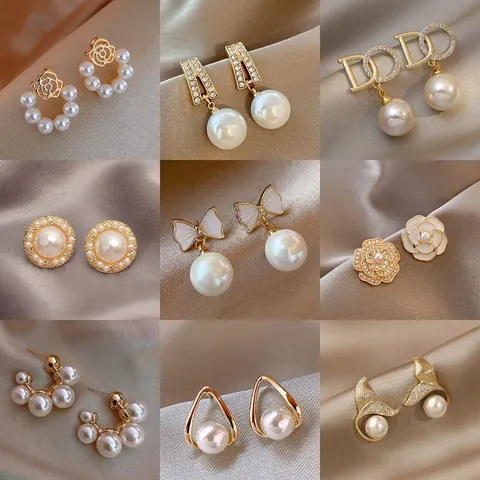Artificial Pearl Earrings Alloy Rhinestone Flower Butterfly Geometry French Retro Women With 925 Sterling Silver Earring Post