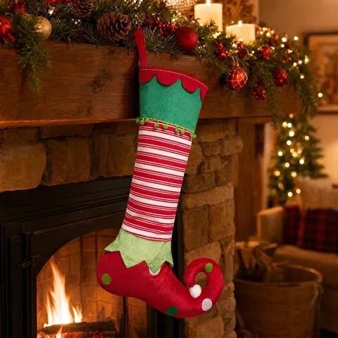 Christmas Elf Boot Stocking Polyester Striped Large Candy Gift Bag Pom Pom For Fireplace Home Decor Hanging Ornament