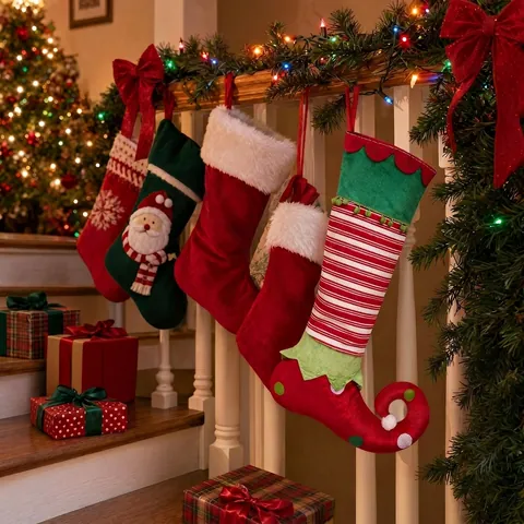 Christmas Elf Boot Stocking Polyester Striped Large Candy Gift Bag Pom Pom For Fireplace Home Decor Hanging Ornament