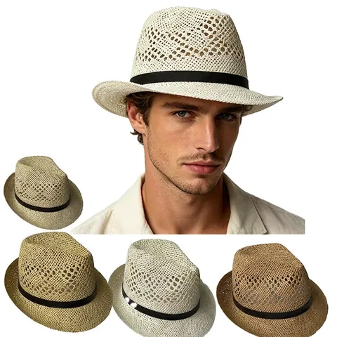 Vintage Unisex Paper Straw Fedora Hat Hollow Out Breathable Sun Protection Beach Hat With Leather Buckle Band For Men Women