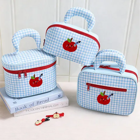 Gingham Plaid Makeup Bag Polyester Travel Cosmetic Case With Cute Apple Embroidery Patch Portable Organizer For Women
