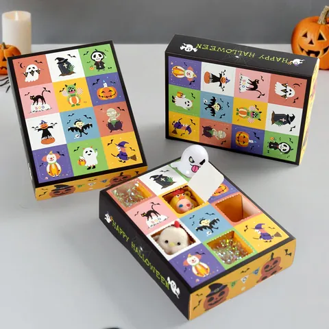 Boîte Aveugle Surprise DIY Halloween 12 Grilles Boîte d'Emballage Cadeau en Carton de Dessin Animé pour Accessoires de Fête Festive