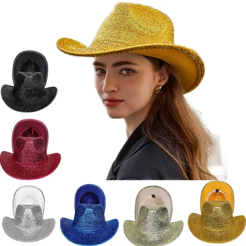 Cappello da Cowboy Occidentale con Paillettes Glitterate per Donna Uomo Festa Jazz Fedora Costume Performance Ballo Tesa Larga Cappello Scintillante