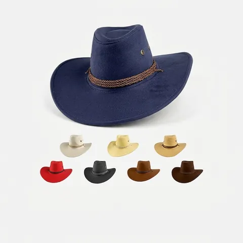 Vintage Faux Suede Western Cowboy Hat For Men Women Wide Brim Sun Hat With Adjustable Windproof Rope Outdoor Travel Beach Jazz Fedora Hat