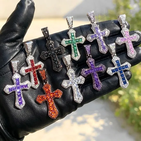 Hip Hop Kreuz Anhänger Halskette Kupfer Eingelegtes Zirkon Strass Bling Schmuck Mode Accessoires Für Herren Damen