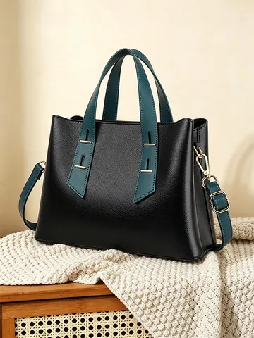 Dames Grote Capaciteit PU Leer Tote Bag Contrastkleur Handtas Stedelijk Minimalistisch Retro Schoudertas Crossbody Tas