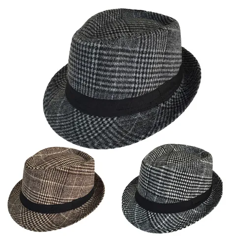 Cappello Fedora a Quadri Stile Britannico Vintage per Uomo Donna Autunno Inverno Cappello Jazz in Misto Cotone Cappello a Quadretti Con Nastro Decorativo