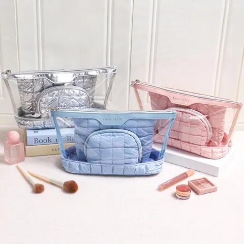 Quilted Makeup Bag And Transparent Toiletry Pouch Shiny Polyester Waterproof Travel Organizer Women Storage