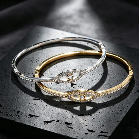 Stainless Steel Evil Eye Pave Rhinestone Bangle For Women Gold Silver Rose Gold Plated Fashion Jewelry Eye Hinged Cuff
