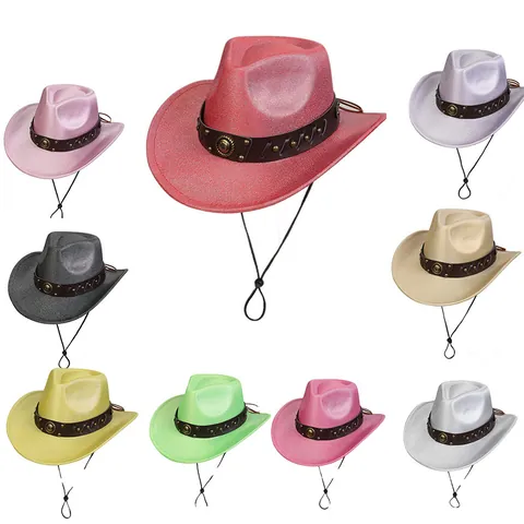 Western Cowboy Hat For Women Glitter Metallic Style With Leather Belt Rivet Medallion Sun Protection Party Outdoor Hat