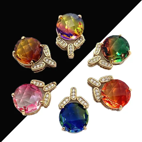 Round Faceted Colorful Crystal Pendant For DIY Jewelry Making Gold Plated Alloy Zirconia Inlaid Gemstone Pendant Only