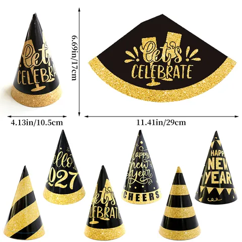 Happy New Year 2026 Party Cone Hats Black Gold Glitter Printed Paper Birthday Celebration Decoration Hats For Kids Adults