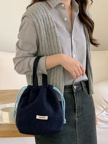Polka Dot Woolen Handbag Women Drawstring Pouch Tote Small Casual Daily Travel Portable Mini Lunch Bag Japanese Style