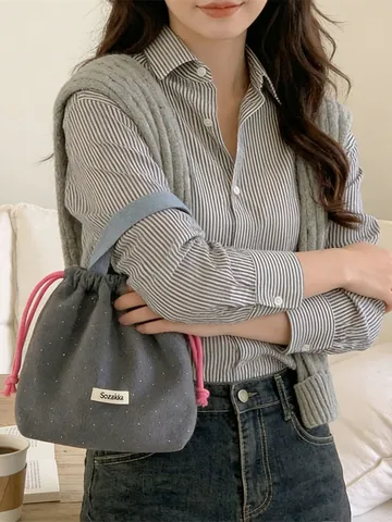 Polka Dot Woolen Handbag Women Drawstring Pouch Tote Small Casual Daily Travel Portable Mini Lunch Bag Japanese Style