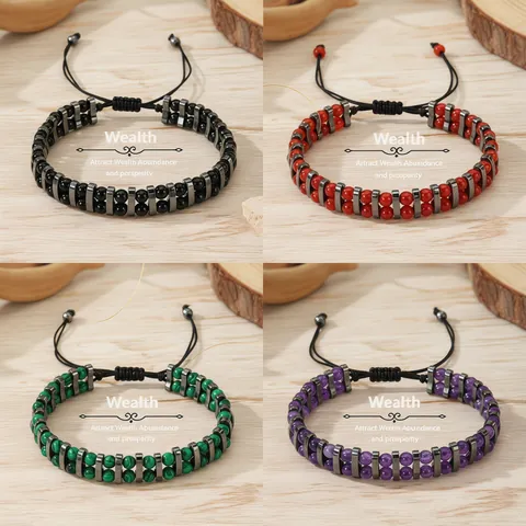 Vintage Tijgeroog Hematiet Kralen Armband Mannen Dubbele Rij Verstelbaar Gevlochten Touw Industriële Stijl Sieraden Cadeau