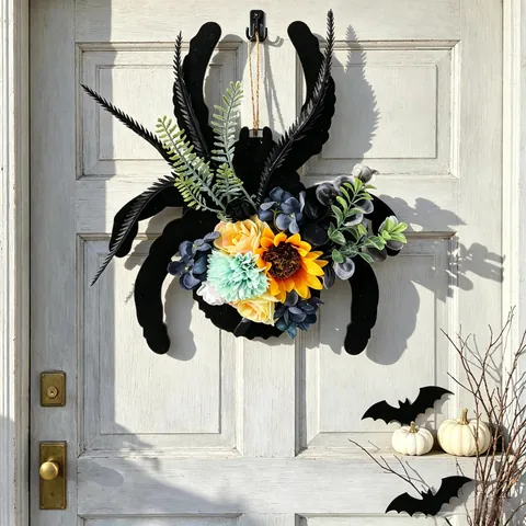 Halloween Spider Wreath With Sunflower And Faux Flowers Gothic Black Spider Hanging Ornament For Door Wall Home Party Decoration