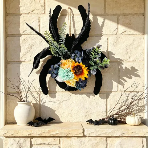 Halloween Spider Wreath With Sunflower And Faux Flowers Gothic Black Spider Hanging Ornament For Door Wall Home Party Decoration