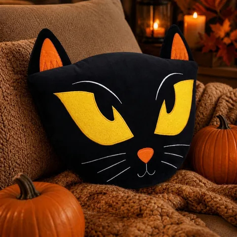 Cuscino In Peluche A Forma Di Gatto Nero Per Halloween Con Ricami Morbidi Cuscino Per Decorazione Casa Soggiorno Festa