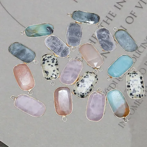 Natural Stone Faceted Oval Pendant For DIY Jewelry Making Gold Copper Edge Edging Amazonite Dalmatian Jasper Rose Quartz Crystal Gemstone Charms