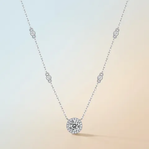 925 Sterling Silver Moissanite Pendant Necklace For Women Round Halo D Color 3EX Sparkle Star Station Chain Luxury Jewelry Gift