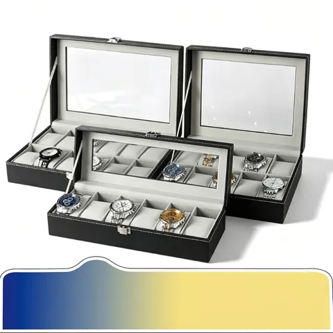 Boîte À Montres Organisateur Cuir PU Verrouillable Fenêtre En Verre Présentoir À Bijoux Rangement Avec Coussins Amovibles